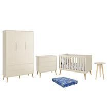 Dormitório Infantil Theo Retrô 3 Portas, Cômoda, Berço, Mesa de Apoio com Pés Madeira Natural e Colchão - Reller Móveis