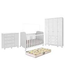 Dormitório Júnior Guarda Roupa 4 Portas, Cômoda 1 Porta e Berço Uli com Colchão Supreme - Móveis Peroba