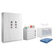 Dormitório Lívia Guarda Roupa, Cômoda e Berço Encanto Branco com Colchão Physical - Phoenix Baby