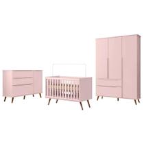 Dormitório Melinda Guarda Roupa, Cômoda com Porta e Berço Retrô Rosê Acetinado - Phoenix Baby