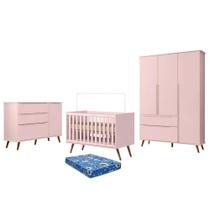 Dormitório Melinda Guarda Roupa, Cômoda e Berço Retrô Rosê Acetinado com Colchão Physical - Phoenix Baby