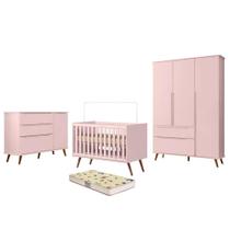 Dormitório Melinda Guarda Roupa, Cômoda e Berço Retrô Rosê Acetinado com Colchão Supreme - Phoenix Baby