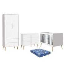 Dormitório Theo 2 Portas, Cômoda 6 Gavetas, Berço Branco Fosco com Pés Madeira Natural e Colchão - Reller Móveis