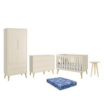 Dormitório Theo 2 Portas, Cômoda 6 Gavetas, Berço, Mesa de Canto com Pés Madeira Natural e Colchão - Reller Móveis