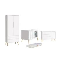 Dormitório Theo 2 Portas, Cômoda com Porta Branco com Pés Madeira Natural e Colchão D18 - Reller Móveis Dormitório Theo 2 Portas, Cômoda com Porta Branco com Pés Madeira Natural e Colchão D18 - Reller Móveis