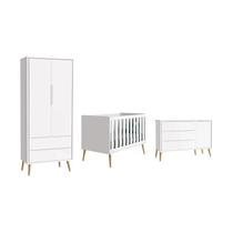 Dormitório Theo 2 Portas e Cômoda 1 Porta Branco com Pés Madeira Natural - Reller Móveis Dormitório Theo 2 Portas e Cômoda 1 Porta Branco com Pés Madeira Natural - Reller Móveis
