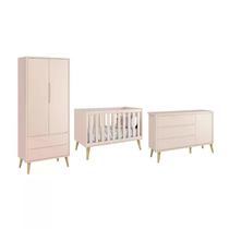 Dormitório Theo 2 Portas e Cômoda 1 Porta Rosa com Pés Madeira Natural - Reller Móveis Dormitório Theo 2 Portas e Cômoda 1 Porta Rosa com Pés Madeira Natural - Reller Móveis