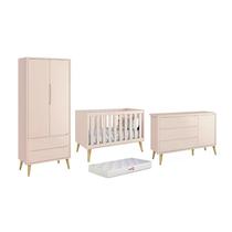 Dormitório Theo 2 Portas e Cômoda com Porta Rosa com Pés Madeira Natural - Reller Móveis