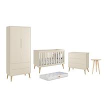 Dormitório Theo 2 Portas, Mesa de Canto Areia Fosco com Pés Madeira Natural e Colchão D18 - Reller Móveis