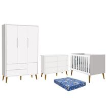Dormitório Theo 3 Portas, Cômoda 6 Gavetas, Berço Branco Fosco com Pés Amadeirado e Colchão - Reller Móveis Dormitório Theo 3 Portas, Cômoda 6 Gavetas, Berço Branco Fosco com Pés Amadeirado e Colchão - Reller Móveis