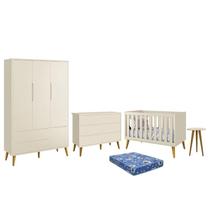 Dormitório Theo 3 Portas, Cômoda 6 Gavetas, Berço, Mesa de Canto com Pés Amadeirado e Colchão - Reller Móveis