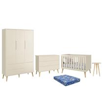 Dormitório Theo 3 Portas, Cômoda 6 Gavetas, Berço, Mesa de Canto com Pés Madeira Natural e Colchão - Reller Móveis