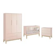 Dormitório Theo 3 Portas e Cômoda 3 Gavetas Azul com Pés Madeira Natural - Reller Móveis