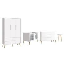 Dormitório Theo 3 Portas e Mesa de Canto Branco com Pés Madeira Natural - Reller Móveis Dormitório Theo 3 Portas e Mesa de Canto Branco com Pés Madeira Natural - Reller Móveis