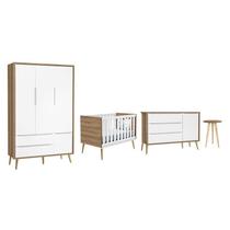 Dormitório Theo 3 Portas e Mesa de Canto Branco/Mezzo com Pés Madeira Natural - Reller Móveis Dormitório Theo 3 Portas e Mesa de Canto Branco/Mezzo com Pés Madeira Natural - Reller Móveis