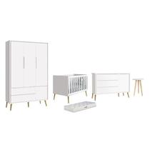 Dormitório Theo 3 Portas, Mesa de Canto Branco com Pés Madeira Natural e Colchão D18 - Reller Móveis Dormitório Theo 3 Portas, Mesa de Canto Branco com Pés Madeira Natural e Colchão D18 - Reller Móveis