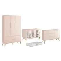 Dormitório Theo 3 Portas Rosa com Pés Madeira Natural e Colchão D18 Branco - Reller Móveis