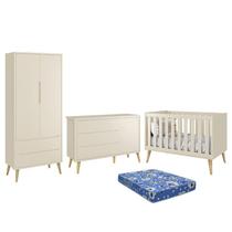 Dormitório Theo Retrô 2 Portas, Cômoda 1 Porta, Berço com Pés Madeira Natural e Colchão - Reller Móveis