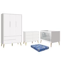 Dormitório Theo Retrô 3 Portas, Cômoda 6 Gavetas, Berço Branco Fosco com Pés Madeira Natural e Colchão - Reller Móveis