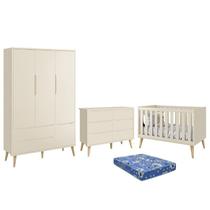 Dormitório Theo Retrô 3 Portas, Cômoda 6 Gavetas, Berço com Pés Madeira Natural e Colchão - Reller Móveis Dormitório Theo Retrô 3 Portas, Cômoda 6 Gavetas, Berço com Pés Madeira Natural e Colchão - Reller Móveis