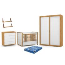 Dormitório Tutto 2 Portas, Cômoda, Berço com Capitonê, Colchão Physical e Prateleiras - Matic Móveis