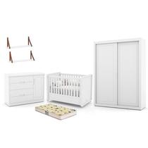 Dormitório Tutto New 2 Portas, Cômoda 1 Porta, Berço Branco Soft com Colchão D18 e Prateleiras - Matic Móveis Dormitório Tutto New 2 Portas, Cômoda 1 Porta, Berço Branco Soft com Colchão D18 e Prateleiras - Matic Móveis