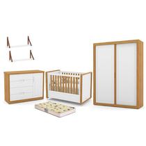 Dormitório Tutto New 2 Portas, Cômoda 1 Porta, Berço Branco Soft/Freijó com Colchão D18 e Prateleiras - Matic Móveis