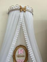 Dossel Perolas Borboleta Dourado + Tule Renda