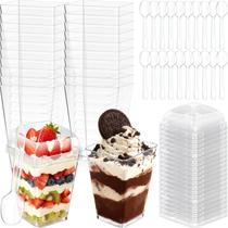 DOUDOULE Copos de sobremesa plásticos de 150 ml com tampas e colheres, 20 peças