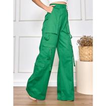 DOUTORAS MODAS Calça Cargo Wide Leg Feminina Sarja Modelo Flare Pantalona 113