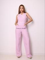 Doutoras Modas- Macacão Longo Feminino Com Botões Duplos Gola V Contrastante Luis Twill 90402