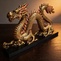 Dragao Chines Serpente De Resina Dourado Com Base Preta