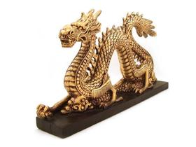 Dragao Chines Serpente De Resina Dourado Com Base Preta