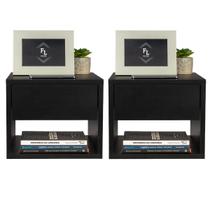 Duas Mesas Cabeceira Suspensa 30Cm Preta Com Gaveta Superior