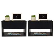 Duas Mesas Cabeceira Suspensa 40Cm Preta Com Gaveta Superior
