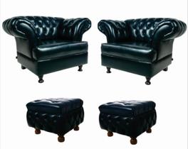Duas Poltronas Chesterfield Imperador + Dois Puff Banqueta Quadrado Decorativo - 4 Peças