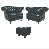 Duas Poltronas Decorativas Imperador Chesterfield + Um Puff Banquinho Quadrado - Novo Encanto