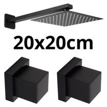 Ducha 20x20cm Preta + 2 Acabamentos De Metal Quadrado Inox