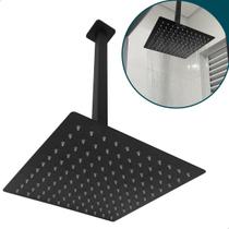 Ducha Chuveiro Preto Fosco 30x30 Slim Inox quadrado Braço de Teto vertical banheiro