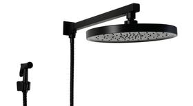 Ducha em ABS 25cm Redonda Black Matte c/ Braço Quadrado Desviador e Ducha Manual em Metal - AMG Metais