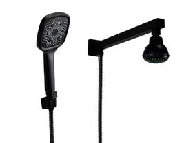 Ducha Flatt em ABS Preto Fosco 7 cm Redondo com Cano Quadrado de Parede e Chuveirinho Manual com Trava Ducha Flatt em ABS Preto Fosco 7 cm Redondo com Cano Quadrado de Parede e Chuveirinho Manual com Trava