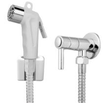 Ducha Higiênica Engate Flexível Aço Inox 1,80m + Gatilho Paris Branco + Registro + Suporte De Parede