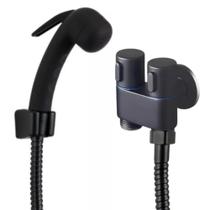 Ducha Higiênica Preta Completa Registro Metal Duplo + Engate Flexível Inox 1,50m + Gatilho Master