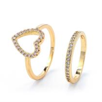 Duo de anéis com coração e aparador cravejado de zircônia folheado em ouro 18k