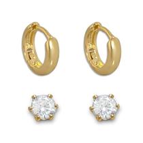 Duo de Brincos Argola e Zircônia Cristal Banhado a Ouro 18K Semijoia