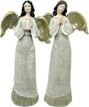 Dupla Anjos Decoração Em Resina Natal Glitter Branco De 38cm