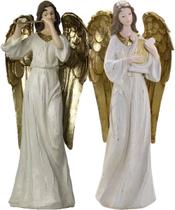 Dupla Anjos Músico Flautista Harpista Em Resina Natal 38cm