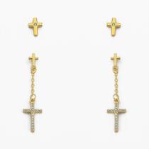 Dupla Brinco Cruz Cravejado Com Zircônia Banhado A Ouro 18K