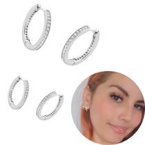 Dupla de argola prata 925 cravejada zircônia 2 furos banhada 2 aneis de orelha com pedras brilhante decoração