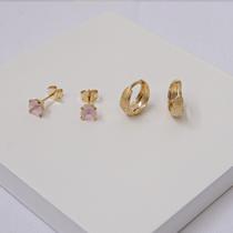 Dupla de Brincos Argola Click e Pedra Rosa Folheado a Ouro